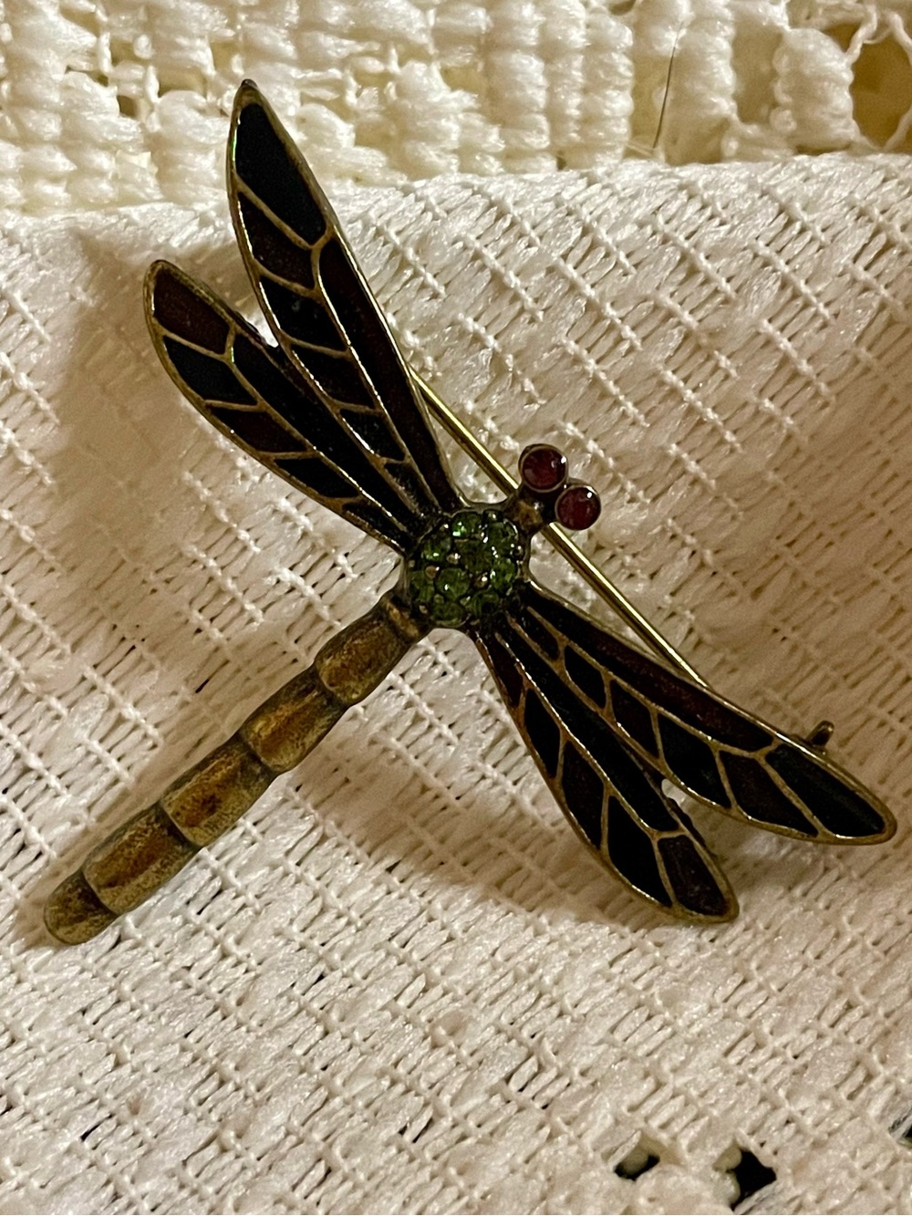 Vintage Style Dragonfly Brooch Pin - Green and Black Accent